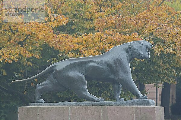 Sculpture Striding Tiger by Philipp Harth 1969  bronze  lion figure  Black panther  orange  autumn mood  striding  walking  Stresemann-Ufer  Altstadt  Mainz  Rhine-Hesse region  Rhineland-Palatinate  Germany  Europe