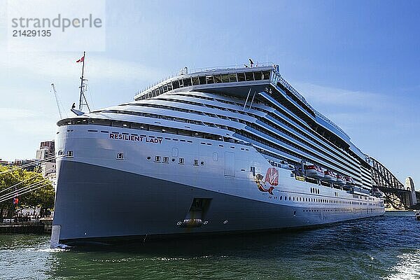 SYDNEY  AUSTRALIA  DECEMBER 05: Virgin Voyages' Resilient Lady is berthed at the Overseas Passenger Terminal in Circular Quay on December 5th 2023