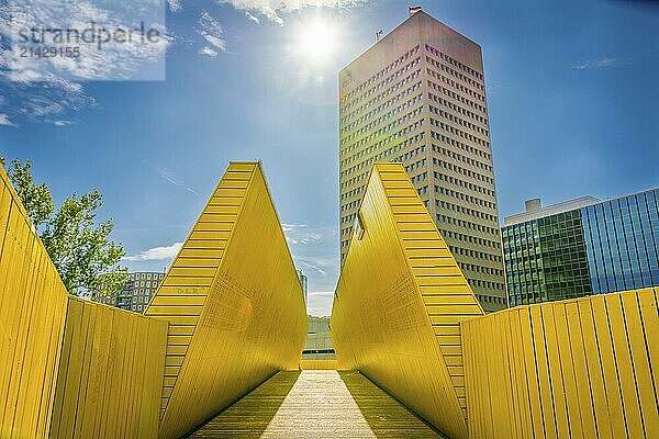 Rotterdam  Netherlands  September 2019: view on the Luchtsingel  a crowdfunded elevated wooden yellow foot bridge  connecting park pompenburg  hofplein and dakakker