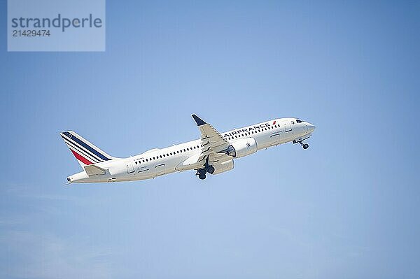 13/05/2024  Berlin  Germany  Europe  An Air France Airbus A220-300 passenger aircraft with the registration F-HPND taking off from Berlin Brandenburg Airport BER. Air France is a member of the SkyTeam group  one of the world's three major aviation alliances  Europe