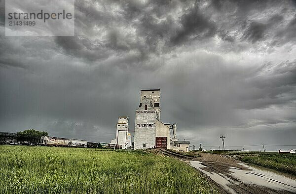 Prairie Grain Elevator in Saskatchewan Canada with storm clouds