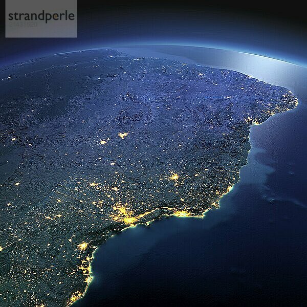 Night planet Earth with precise detailed relief and city lights illuminated by moonlight. South America. East Coast of Brazil. Elements of this image furnished by NASA