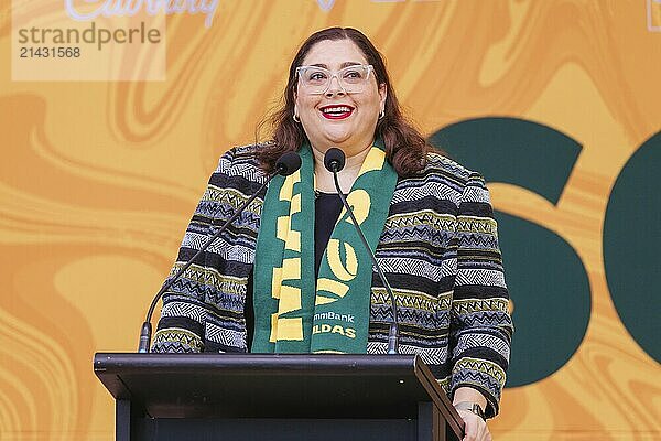 MELBOURNE  AUSTRALIA  JULY 11: Sheena Watt  member of the Victorian Legislative Council  speaks to the crowd at the Australian Matildas Women's World Cup squad presentation at Federation Square on July 11  2023 in Melbourne  Australia  Oceania