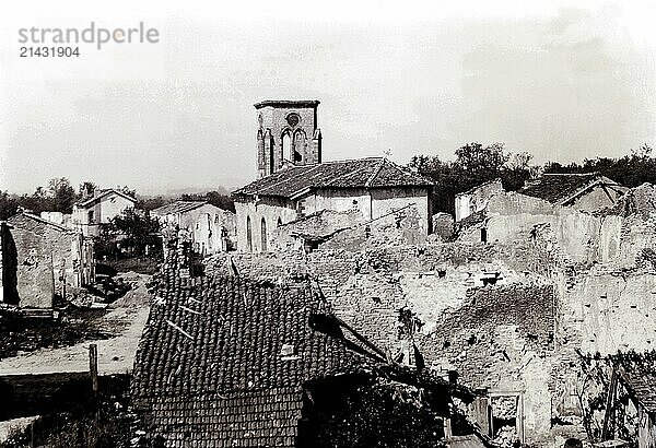 Shattered village in France. First World War. Shattered city in France