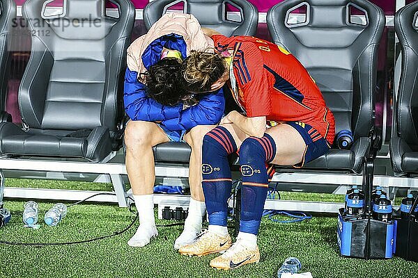 SYDNEY  AUSTRALIA  AUGUST 20: Ona BATLLE of Spain consoles Lucy BRONZE of England after Spain beats England in the final of the FIFA Women's World Cup Australia New Zealand 2023 at Stadium Australia on August 20  2023