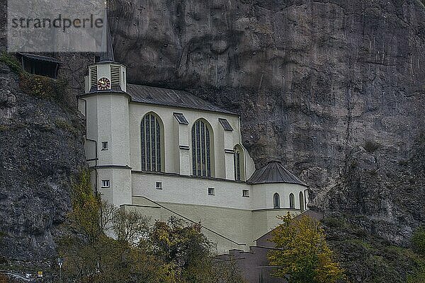 An old half-timbered town in autumn. A church was built into a rock here. Unique German architecture. Foggy landscape in the morning at the rock church  Idar-Oberstein  Rhineland-Palatinate  Germany  Europe