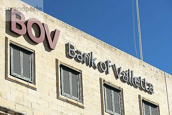 Valletta  Malta  01 07 2022: Facade and sign of the Bank of Valleta  Europe