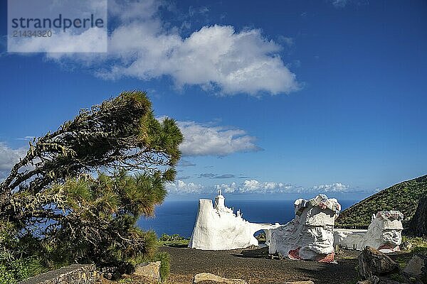 White sculpture made of scrap metal and plaster Homenaje a La Bajada near Valverde  capital of the island of El Hierro  Canary Islands  Spain  Europe