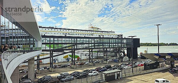 Helsinki  Finland  July 20 2024: Helsinki port west terminal. Vehicles on the port ready for loading in a ferry. Tallink Shuttle to Estonia  Europe