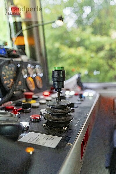 Technical control panel with levers and buttons  surrounded by windows  track construction Hermann Hesse railway  Calw district  Black Forest  Germany  Europe