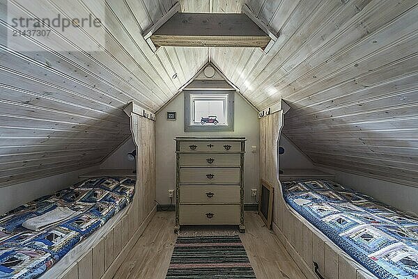 Rensmur  Sala Vastmanland County -Sweden  08 06 2019: Wooden structure of the ceiling of a traditional Swedish summer house