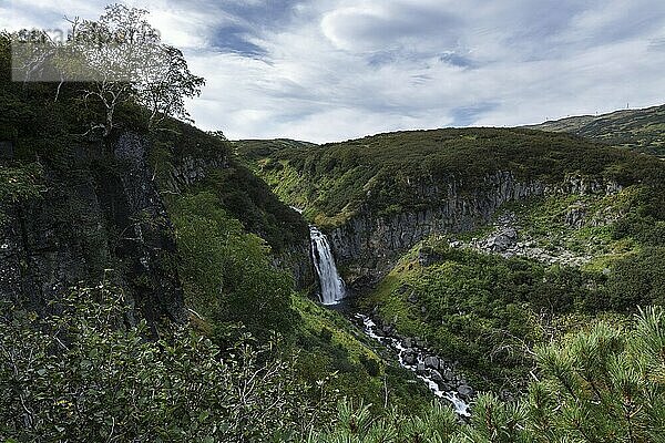 Mountain landscape of Kamchatka Peninsula: view of picturesque valley  deep canyon and cascade of mountain waterfall surrounded by rocky slopes  lush high-mountain vegetation  green bushes and trees