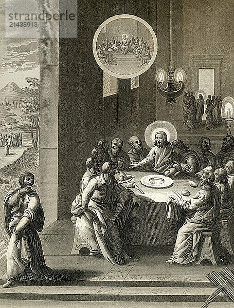 Judas Iscariot retiring from the Last Supper  New Testament  steel engraving 1853  digitally restored