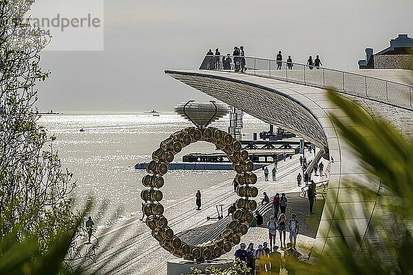 People walk along modern architecture with a view of the sea  MAAT: Museu de Arte  Arquitetura e Tecnologia Electricity Museum in an old power station  Lisbon  Portugal  Europe