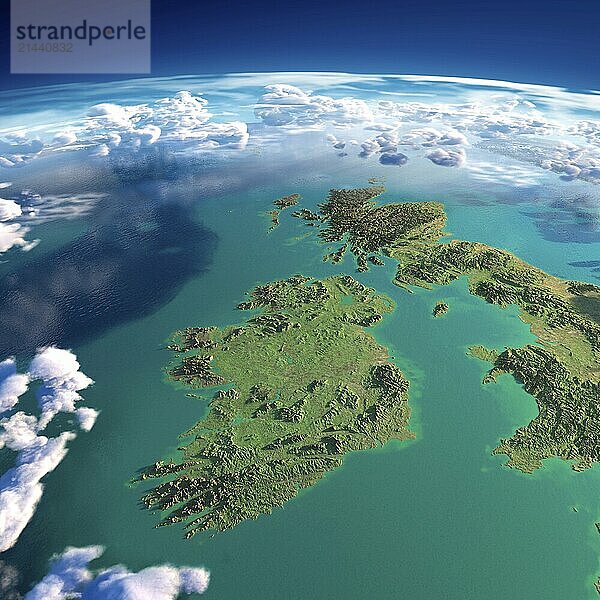 Highly detailed fragments of the planet Earth with exaggerated relief  translucent ocean and clouds  illuminated by the morning sun. Ireland and UK. Elements of this image furnished by NASA