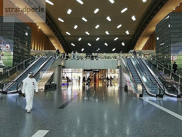 Doha  Qatar  March 8 2020: The luxury interior of the Hamad international airport  the base of Qatar airways in Doha  Middle East  Asia