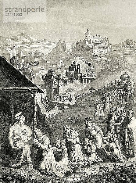 The epiphany of Jesus  Arrival of the Magi  steel engraving  1853  digitally restored