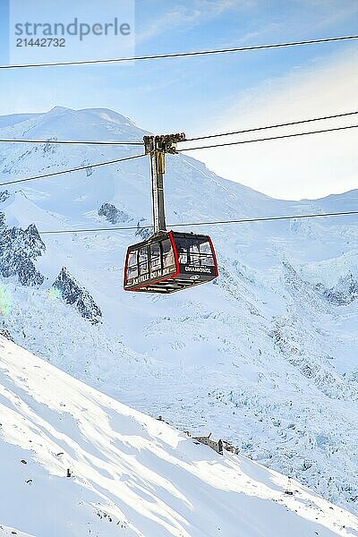 Chamonix  France  January  28  2015: Cable Car Telepherique Auguille du Midi and snow mountains  Europe