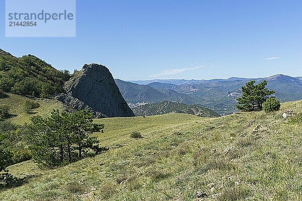 View of the surrounding mountains from the top of the Tokluk mountain range. Crimea  sunny day in September