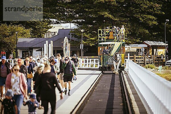 VICTOR HARBOR  AUSTRALIA  April 14 2023: A view of the famous Victor Harbor Horse Drawn Tramway and causeway leading to Granite Island Recreation Park in Victor Harbor on a sunny autumn day in South Australia  Australia  Oceania