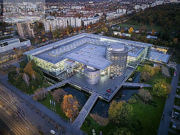 Transparent VW factory in the evening  aerial view  Dresden  Saxony  Germany  Europe