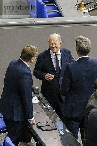 Boris Pistorius  Federal Minister of Defence and Olaf Scholz (SPD)  Federal Chancellor  in front of the session in the German Bundestag  Berlin  13.11.2024