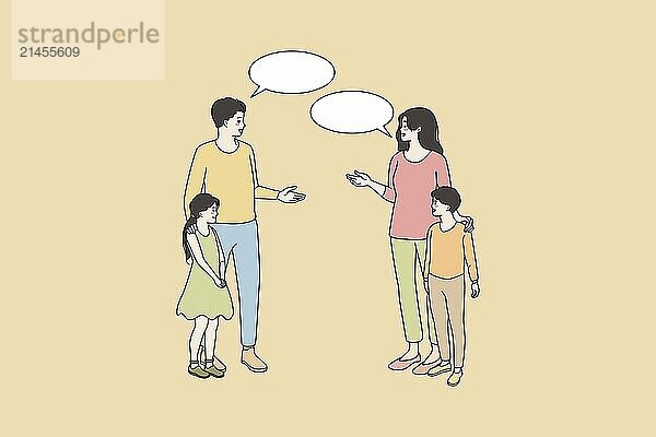 Smiling mother and father of small teen kids talk speak encounter in street. Happy man and woman have communication  children classmates near. Thin line art sketch  flat vector illustration. Abstract vector wall art background. Minimalistic abstract wall art background for print. Scandinavian vector style