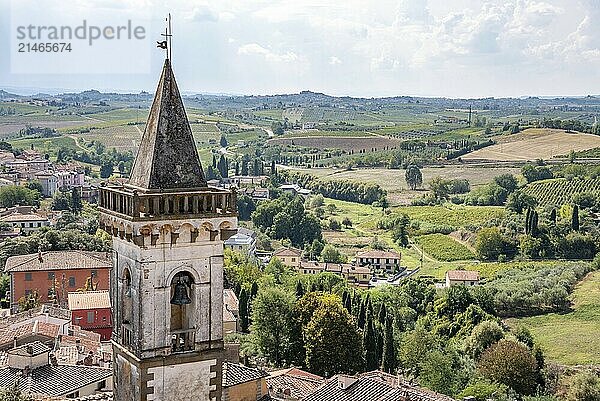 Aerial view of little medieval Vinci town in the Tuscany  Italy  birthplace of genius Leonardo da Vinci  Europe