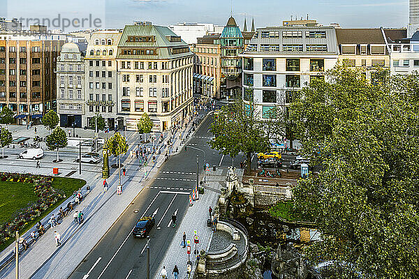 View of the Kö at Corneliusplatz  Theodor-Körner-Straße  Elberfelder Straße with Schadow-Arkaden  Dreischeibenhaus in the background  Düsseldorf  North Rhine-Westphalia  Germany  Europe