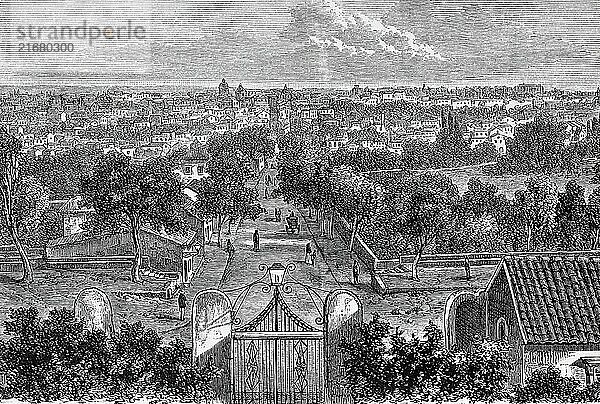 View of the historic city of Catania at the foot of the volcano Etna  on the Mediterranean Sea  park with walkers  church towers  island of Sicily  Italy  historical illustration 1882  Europe