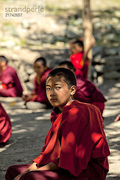 India  Jammu and Kashmir  Ladakh. A portrait of a novice monk at morning prayers on the grounds of The Drukpa Kagyud Primary School. The school is part of Hemis Buddhist Monastery located 45 kilometres from Leh in Ladakh  Northern India.