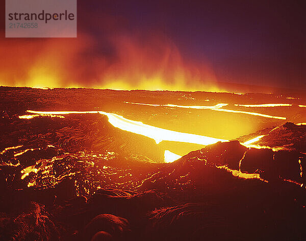 Lava flows in a rocky landscape in a beautiful colored composition