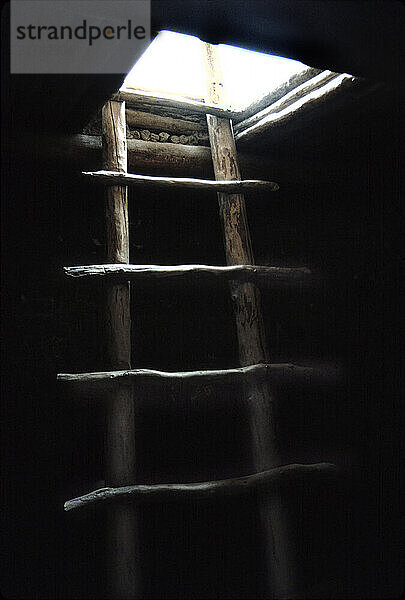 Ceremonial Cave Kiva ladder from inside the Kiva. Bandelier National Monument  New Mexico