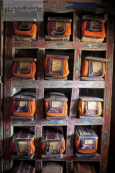 An interior of a prayer room in Thiksey Gompa  a Tibetan Buddhist monastery in Ladakh  India