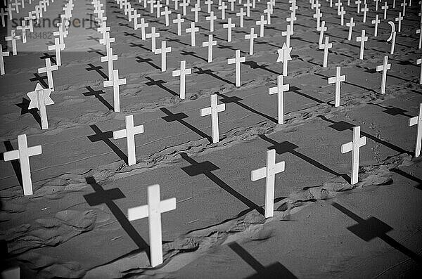 Rows of crosses in the sand form a memorial to soldiers who have died in the war in Iraq at Santa Monica Beach  Calif.  on Oct. 19  2008.