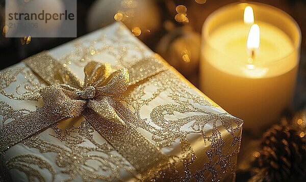 A gold wrapped gift box with a bow on top sits next to a lit candle. The candle is yellow and the box is shiny and golden. The scene gives off a warm and cozy feeling  perfect for the holiday season AI generated