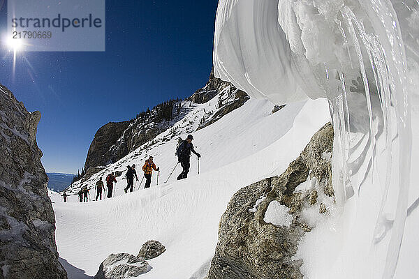 Hans Saari Memorial Fund Ski Camp. Group makes their way up the Teton Mtn. range.