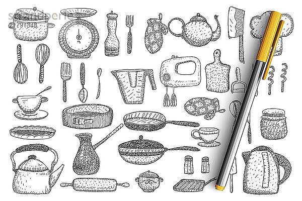 Kitchenware and utensils doodle set. Collection of hand drawn kettle  frying pan  mixer  knife  teapot  cutlery  cups and mugs  tableware  mitten and grill isolated on transparent background