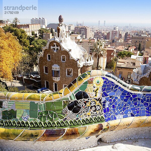 Barcelona park Guell fairy tale mosaic house on entrance