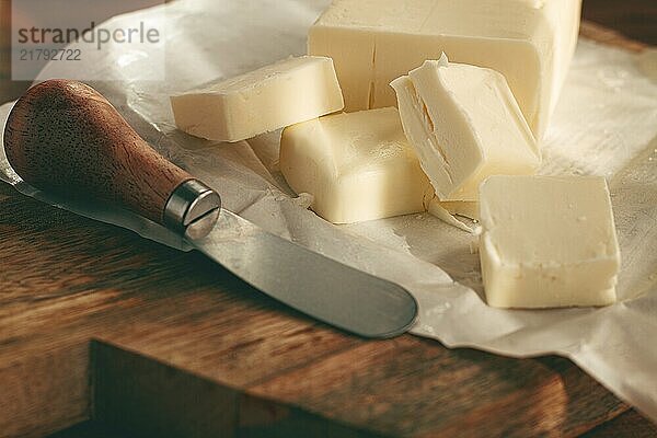 Butter briquette  on wrapping paper  wooden chopping board and butter knife  breakfast  rustic style  no people