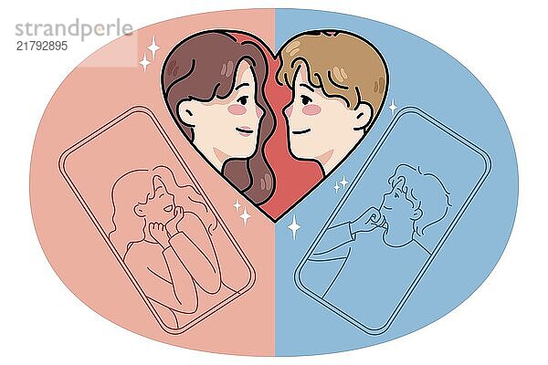 Happy man and woman dating texting online on social media on cellphone. Male and female couple talk virtual on smartphone. Remote relationships and communication. Vector illustration