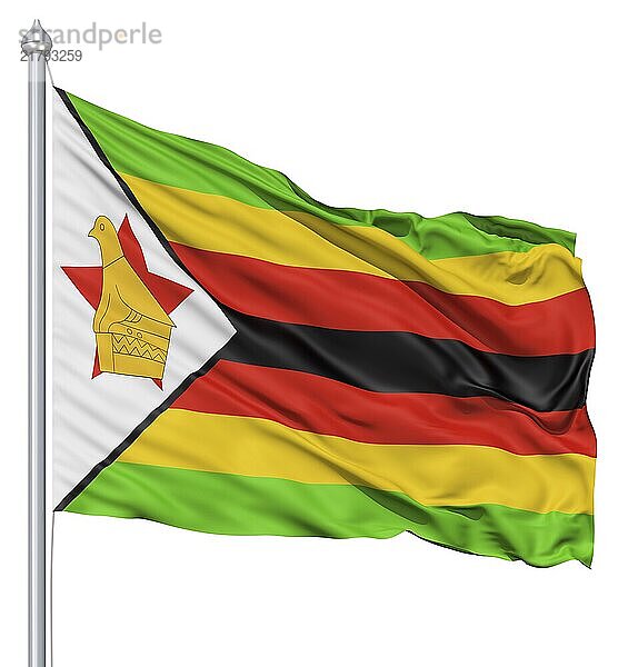 Flag of Zimbabwe with flagpole waving in the wind against white background