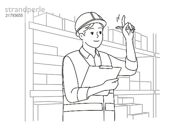 Man in uniform and helmet working in warehouse. Smiling male engineer or mechanic at storehouse or depot. Occupation and profession. Vector illustration