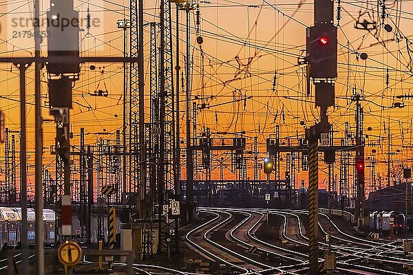 Track apron in the evening with sunset. Frankfurt am Main main station with rails  line mast and signalling systems. Symbolic photo for the infrastructure of Deutsche Bahn AG. Frankfurt am Main  Hesse  Germany  Europe