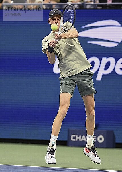 Tennis player Jannik Sinner of Italy in action at the US Open 2024 Championships  Billie Jean King Tennis Center  Queens  New York  USA  North America