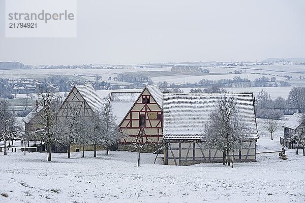 Snow on the roofs of the Hohenloher Freilandmuseum  Wackershofen  Schwäbisch Hall  Hohenlohe  Germany  Baden-Württemberg  Germany  Europe