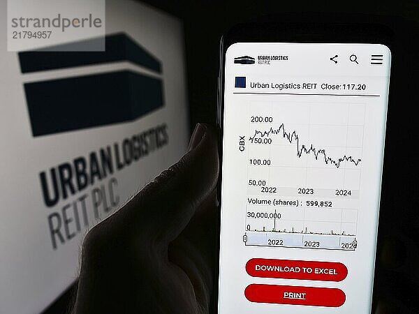 Stuttgart  Germany  05-30-2024: Person holding smartphone with website of British real estate company Urban Logistics REIT plc in front of logo. Focus on center of phone display  Europe