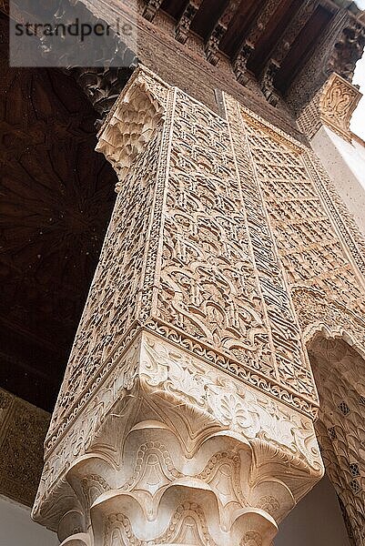 MARRAKECH  MOROCCO  APRIL 19  2023  Oriental decoration of the famous Saadian tombs in the center of Marrakech  Morocco  Africa