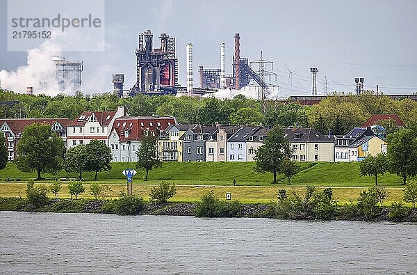 Duisburg  North Rhine-Westphalia  Germany - Cityscape in the Ruhr area with the Rhine in front of residential buildings in the Laar district and behind the blast furnace 8 of the ThyssenKrupp steelworks in Bruckhausen