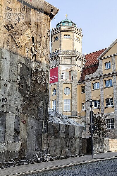 Torwache wrapped with old jute sacks  Check Point Sekondi Loco  by artist Ibrahim Mahama  documenta 14 exhibition  2017  Hessisches Landesmuseum building in the background  Kassel  Brüder-Grimm-Platz  Wilhelmshöher Allee  Germany  Europe